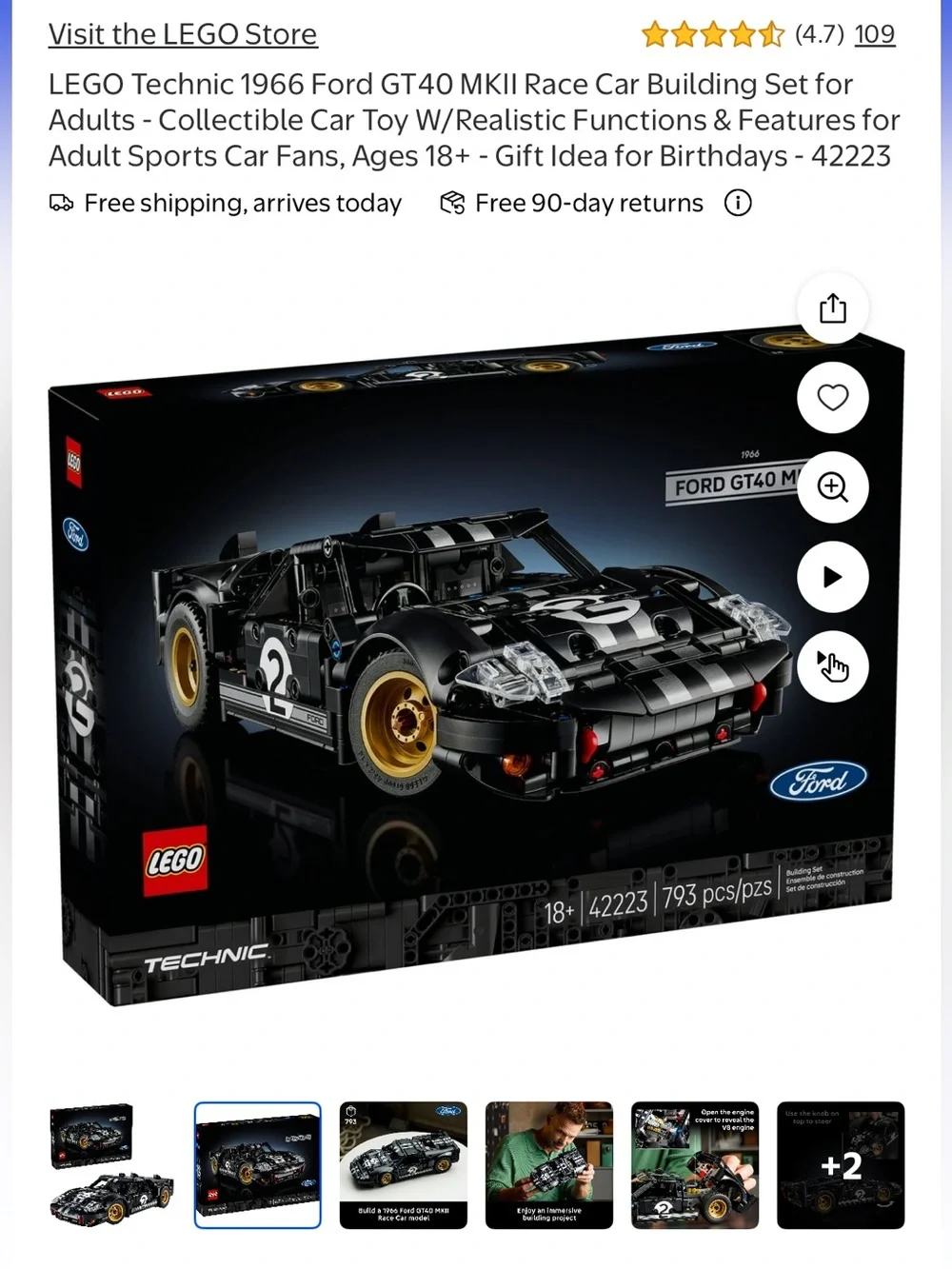 Lego Technic 1966 Black Ford GT40 MK II Race Car Model with Gold Wheels